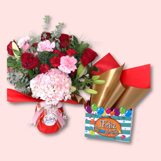 Feliz Cumpleaños-  Pink and Red Flowers